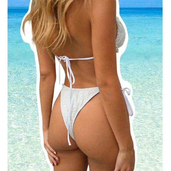 New XL White Velour Velvet Ruched Ruffle Side Tie Bikini Swimsuit Y2k Cheeky - Picture 2 of 4